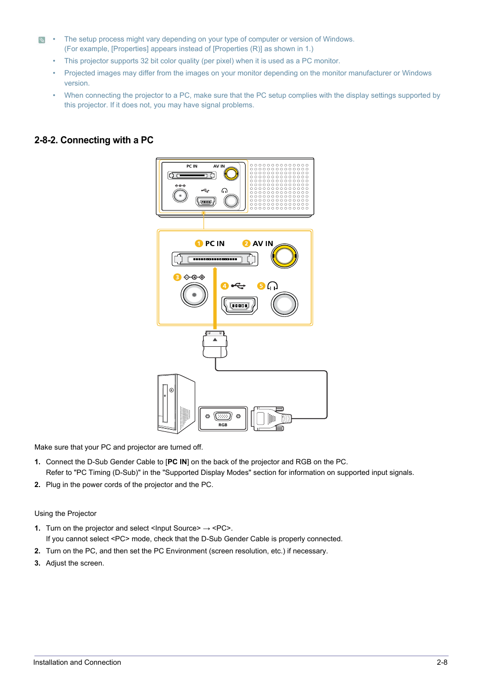 8-2. connecting with a pc | Samsung SP0351VBX-ZA User Manual | Page 19 / 56