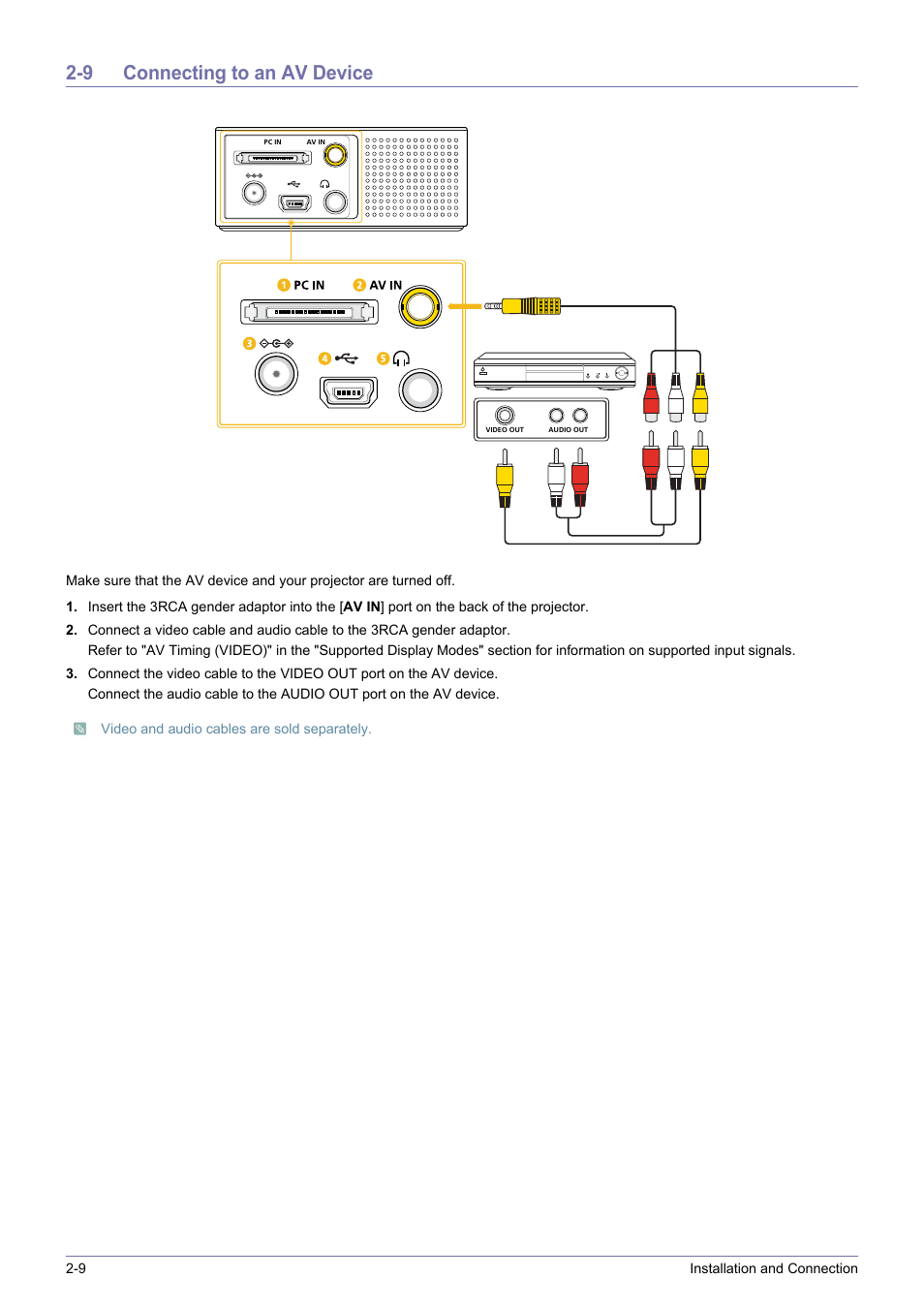 9 connecting to an av device, Connecting to an av device -9 | Samsung SP0351VBX-ZA User Manual | Page 20 / 56