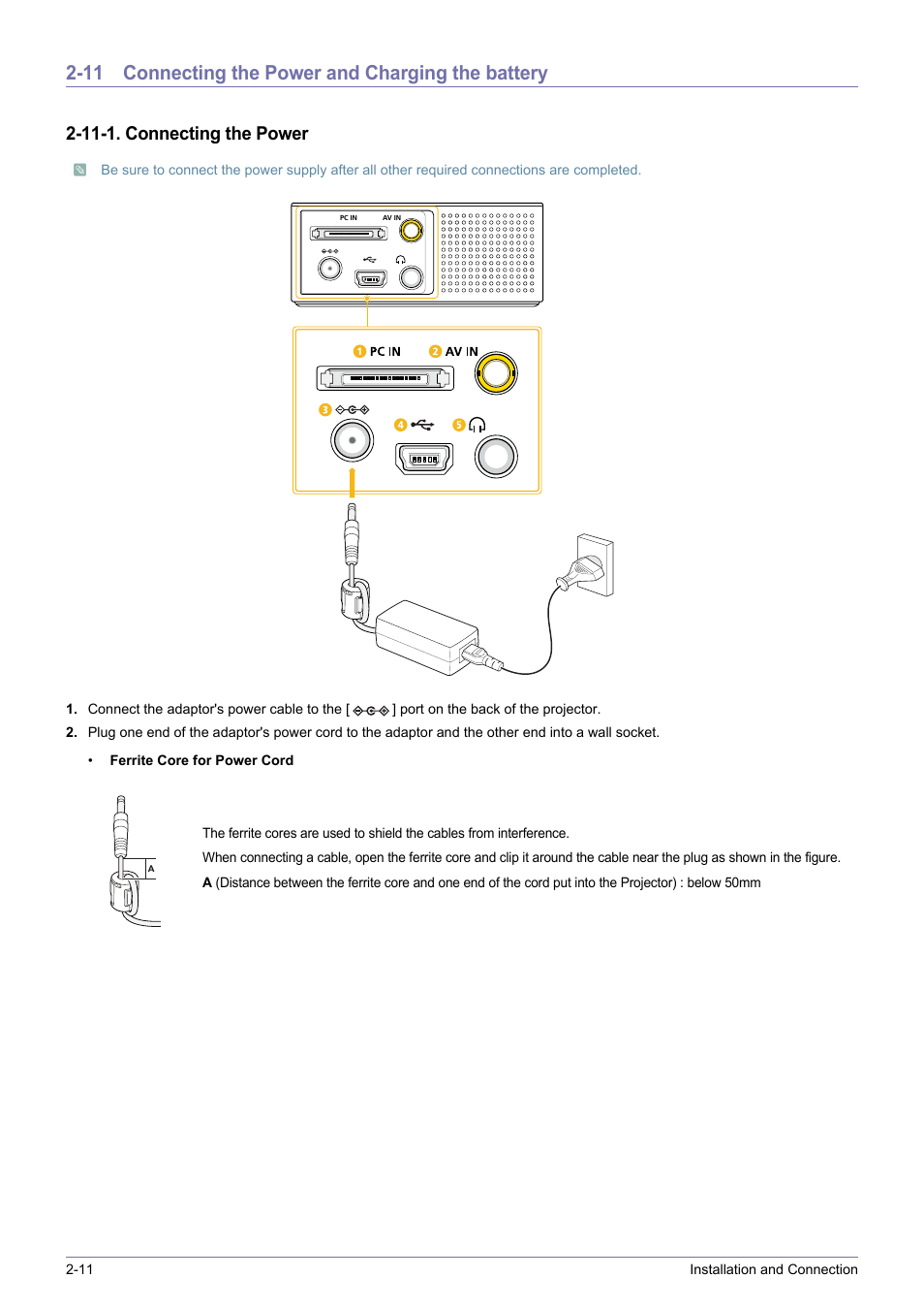 11 connecting the power and charging the battery, 11-1. connecting the power | Samsung SP0351VBX-ZA User Manual | Page 22 / 56