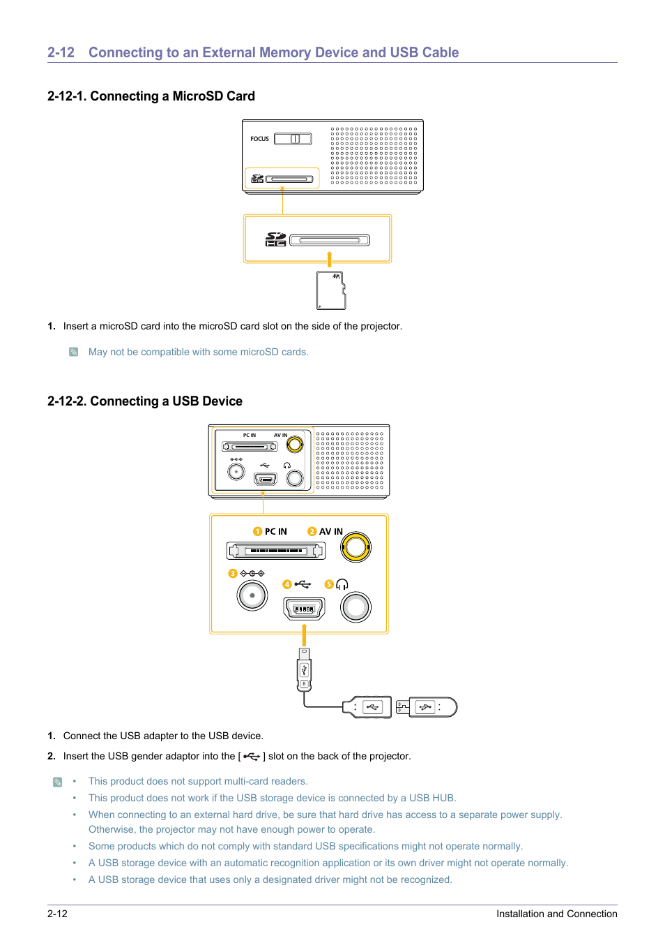 12-1. connecting a microsd card, 12-2. connecting a usb device | Samsung SP0351VBX-ZA User Manual | Page 24 / 56