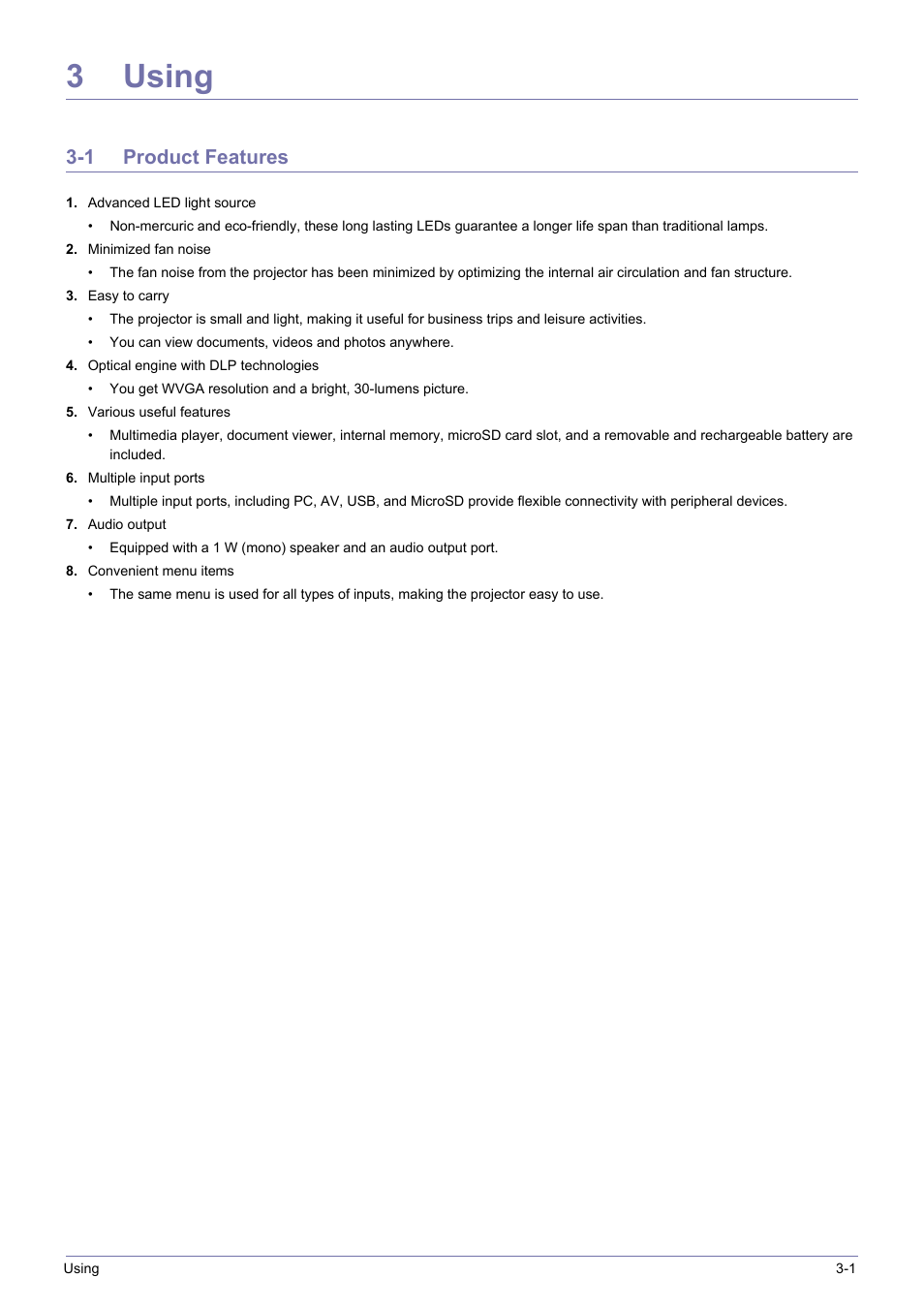 3 using, 1 product features, Using | Product features -1, 3using | Samsung SP0351VBX-ZA User Manual | Page 27 / 56