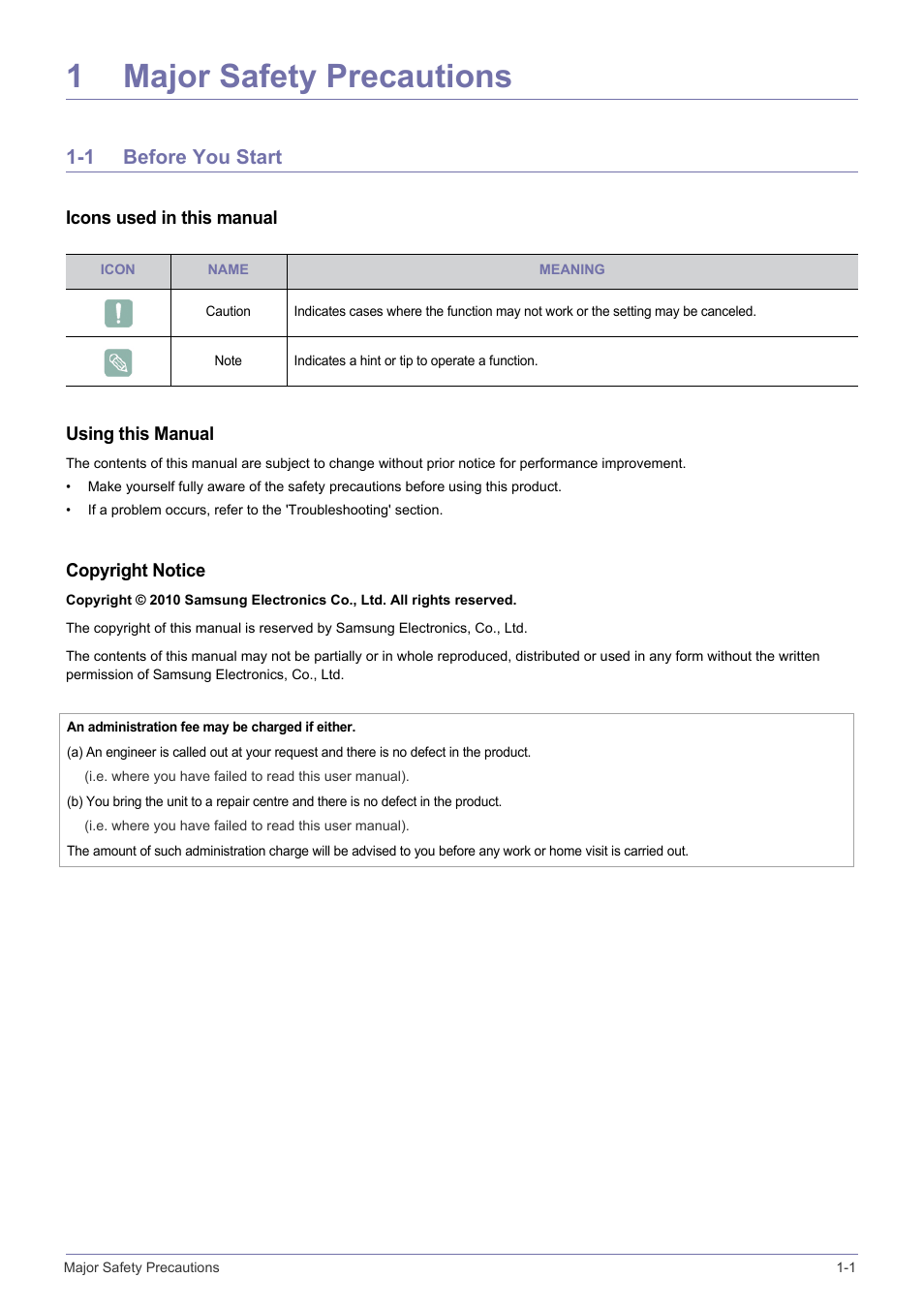 1 major safety precautions, 1 before you start, Before you start -1 | 1major safety precautions | Samsung SP0351VBX-ZA User Manual | Page 3 / 56