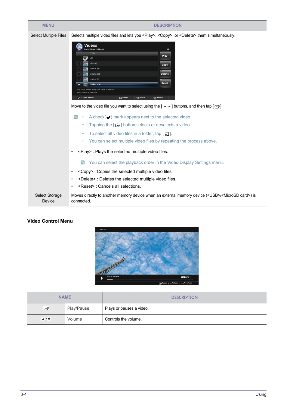 Video control menu, 4 using, Play> : plays the selected multiple video files | Samsung SP0351VBX-ZA User Manual | Page 38 / 56