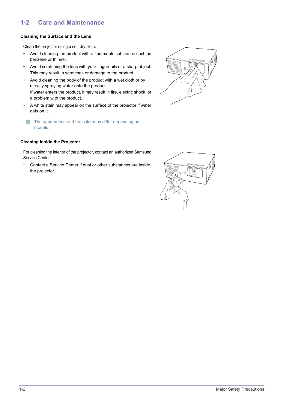 2 care and maintenance, Care and maintenance -2 | Samsung SP0351VBX-ZA User Manual | Page 4 / 56