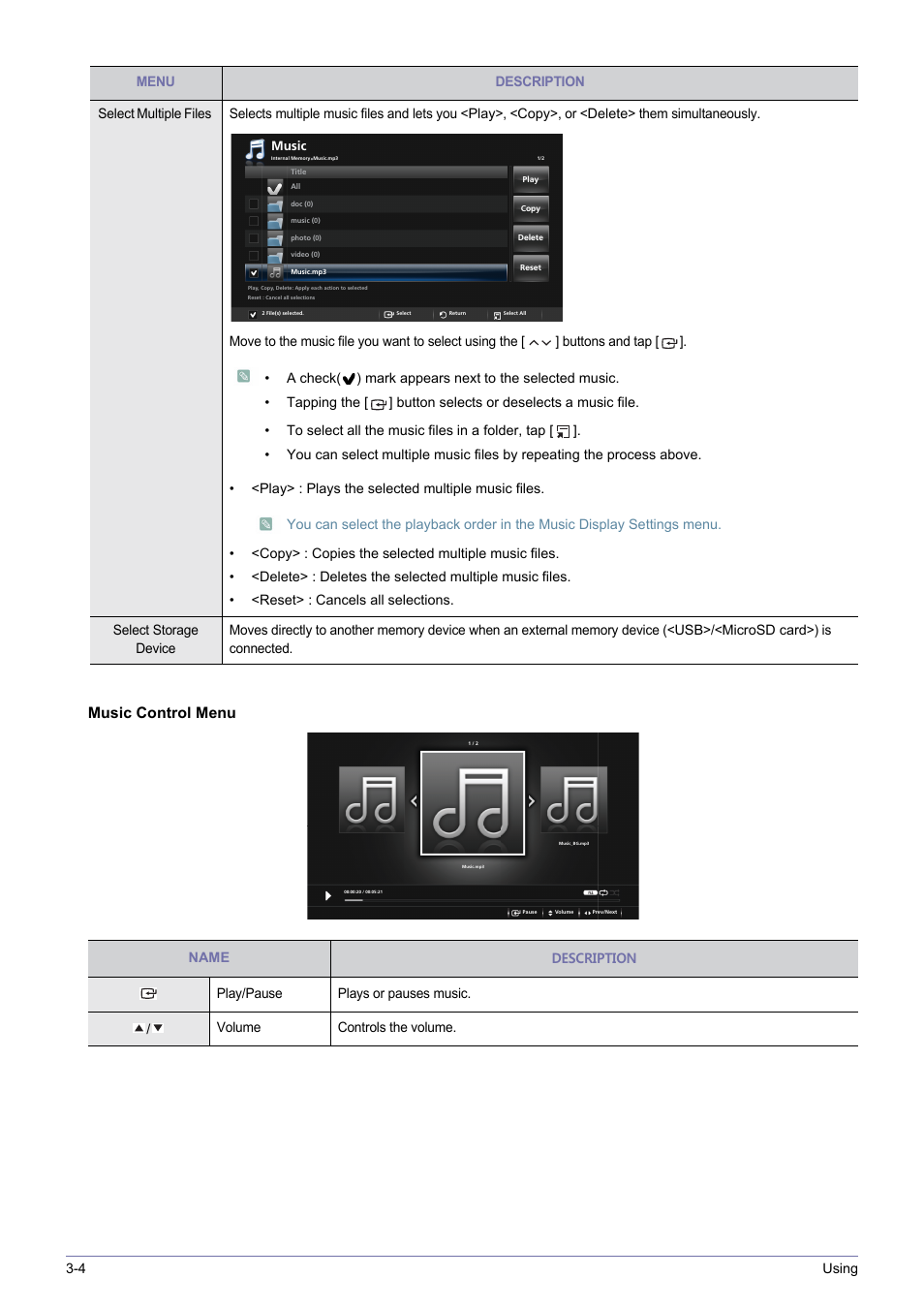 Music control menu, 4 using, Play> : plays the selected multiple music files | Samsung SP0351VBX-ZA User Manual | Page 44 / 56