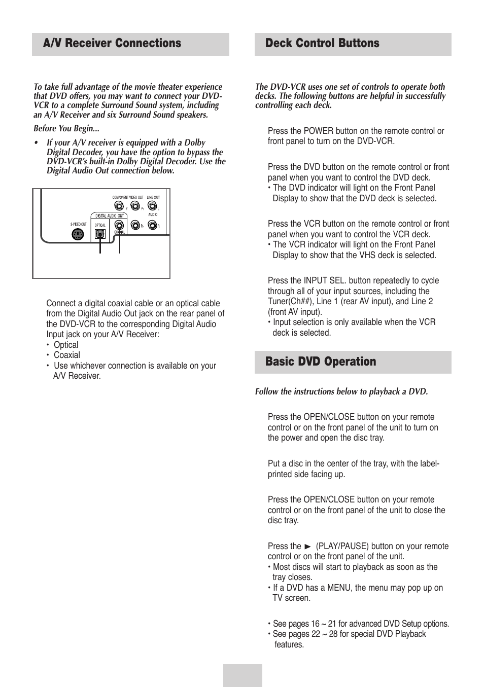 Dvd sound setup, A/v receiver connections, Basic operation | Deck control buttons, Basic dvd operation, Basic dvd operation deck control buttons | Samsung DVD-V4700-XAC User Manual | Page 11 / 37