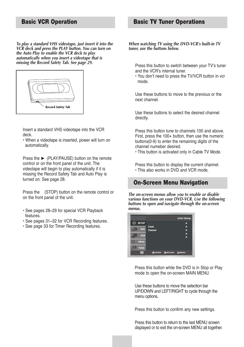 Basic vcr operation, Basic tv tuner operations, System setup | On-screen menu navigation | Samsung DVD-V4700-XAC User Manual | Page 12 / 37