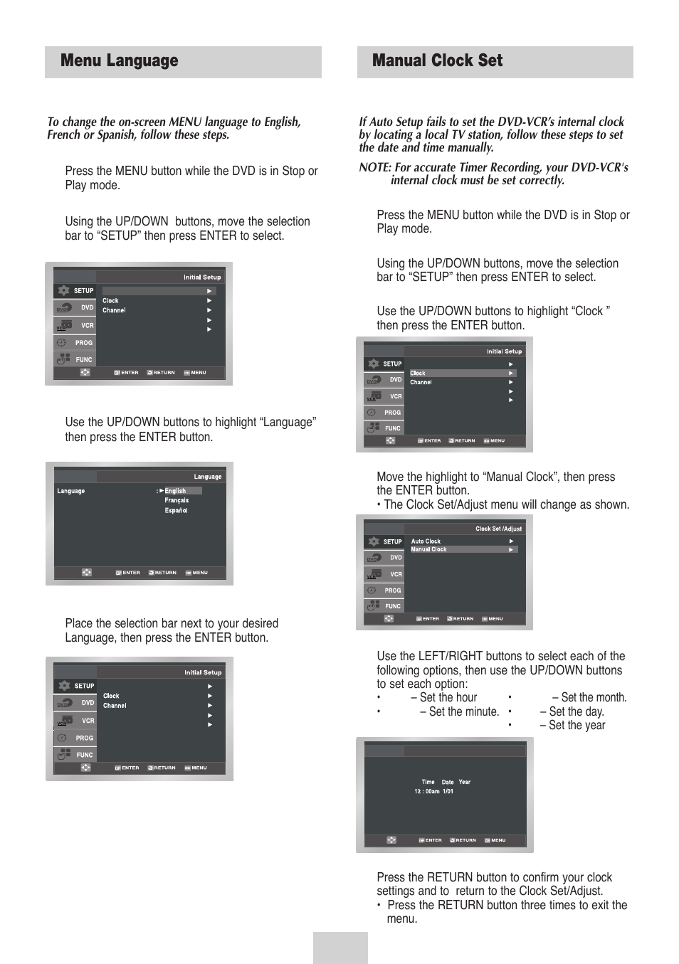 Menu language, Manual clock set, Menu language manual clock set | Samsung DVD-V4700-XAC User Manual | Page 13 / 37