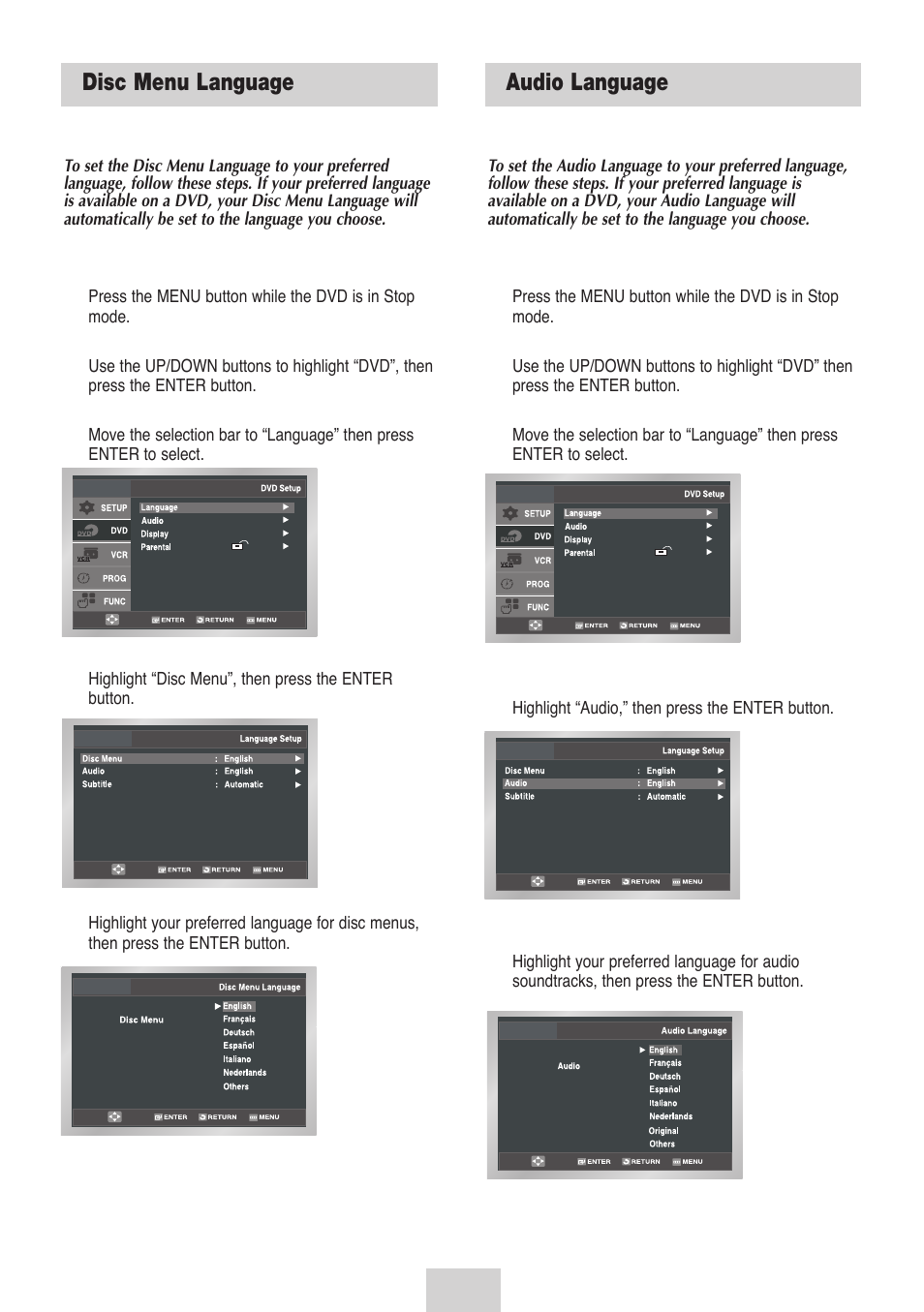 Dvd setup, Disc menu language, Audio language | Samsung DVD-V4700-XAC User Manual | Page 17 / 37