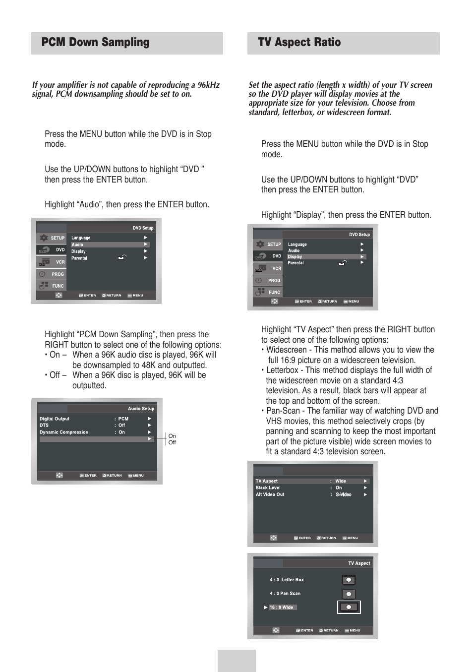 Pcm down sampling, Tv aspect ratio | Samsung DVD-V4700-XAC User Manual | Page 20 / 37