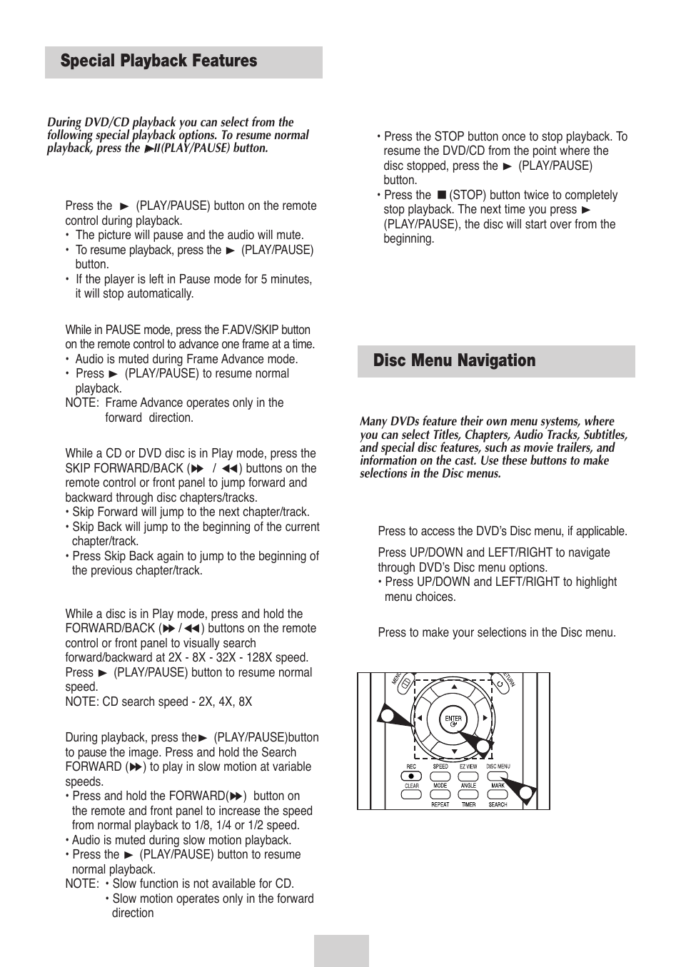 Dvd operations, Special playback features, Disc menu navigation | Samsung DVD-V4700-XAC User Manual | Page 23 / 37