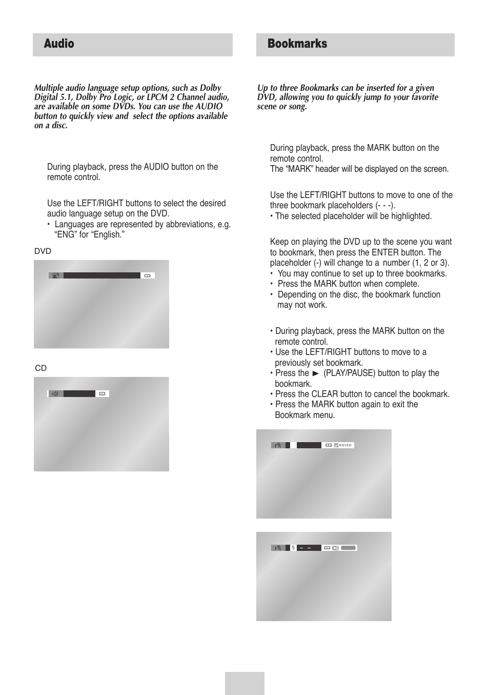 Audio, Bookmarks, Audio bookmarks | Samsung DVD-V4700-XAC User Manual | Page 28 / 37
