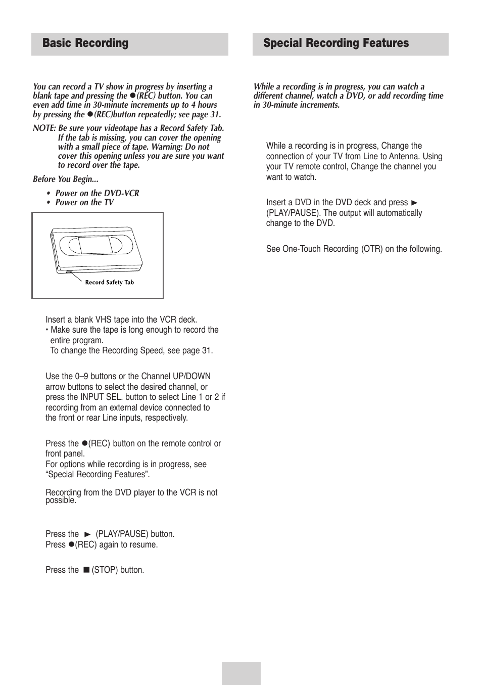 Vcr recording, Basic recording, Special recording features | Samsung DVD-V4700-XAC User Manual | Page 32 / 37
