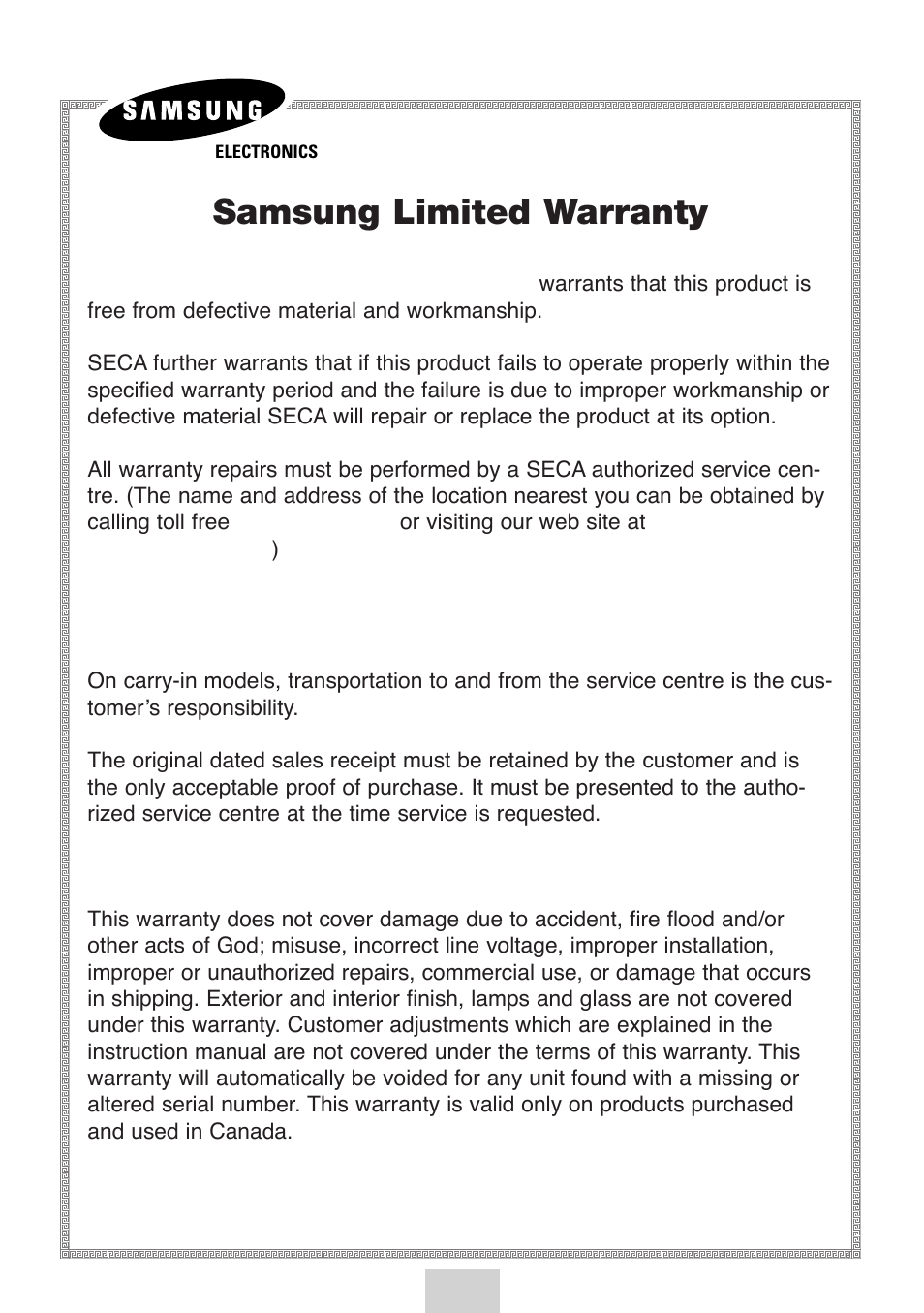 Samsung limited warranty | Samsung DVD-V4700-XAC User Manual | Page 36 / 37