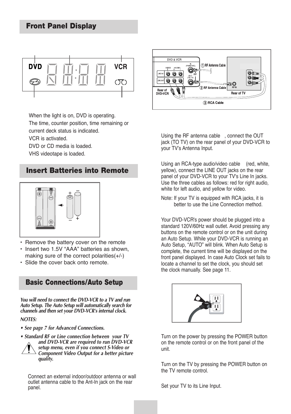 Front panel display, Insert batteries into remote, Getting started | Basic connections/auto setup, Insert batteries into remote front panel display | Samsung DVD-V4700-XAC User Manual | Page 8 / 37