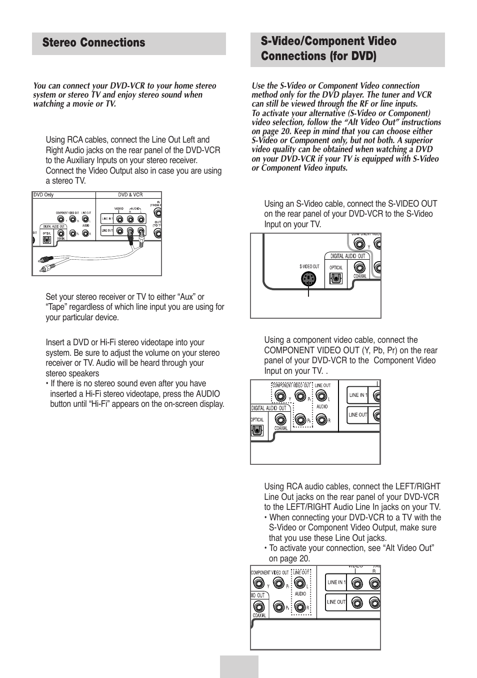 Advanced connections, Stereo connections, S-video/component video connections (for dvd) | Samsung DVD-V4700-XAC User Manual | Page 9 / 37