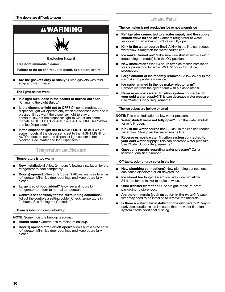 Warning, Temperature and moisture, Ice and water | Amana W10237708A User Manual | Page 10 / 50