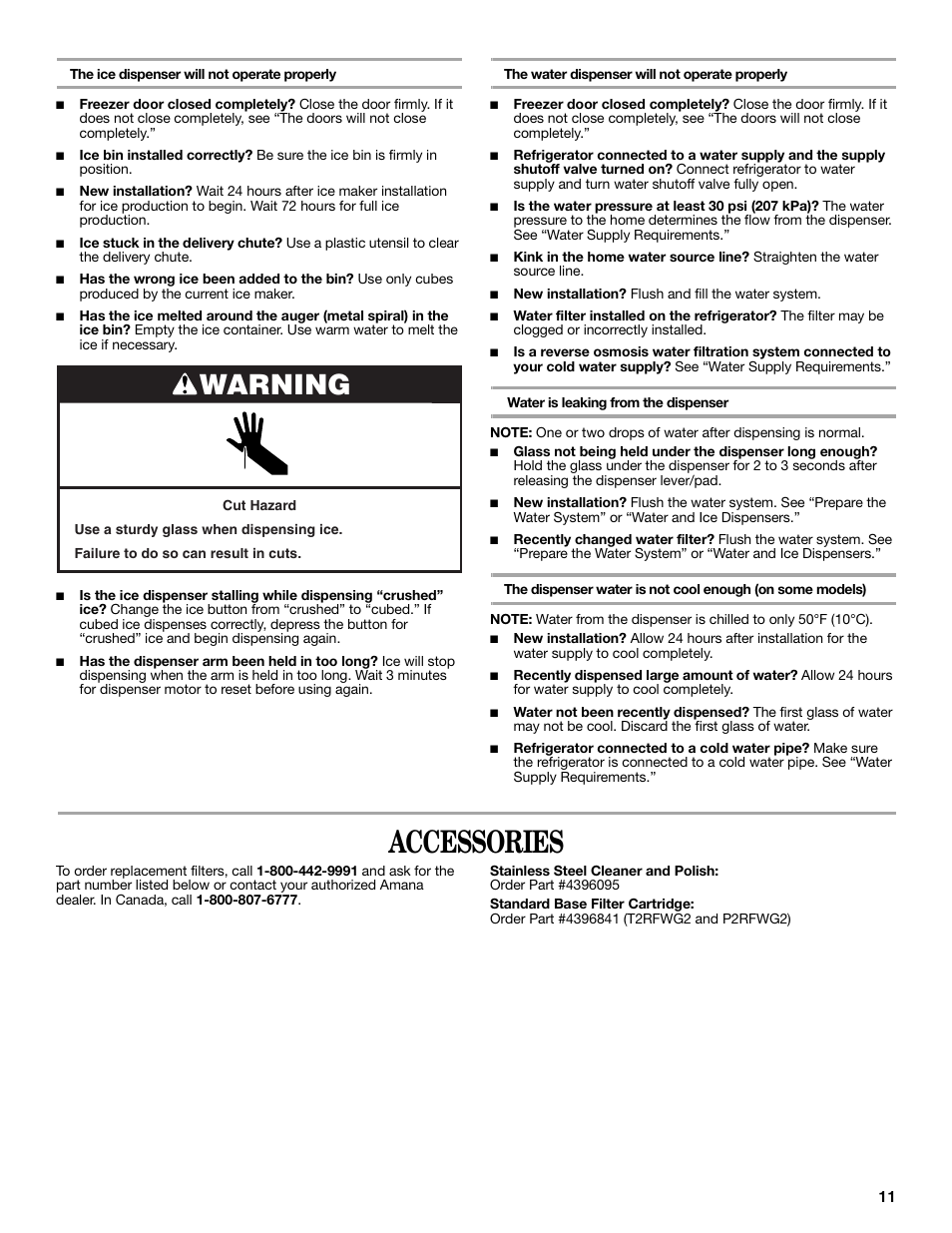 Accessories, Warning | Amana W10237708A User Manual | Page 11 / 50