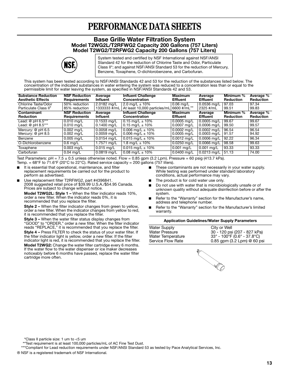 Performance data sheets, Base grille water filtration system | Amana W10237708A User Manual | Page 13 / 50