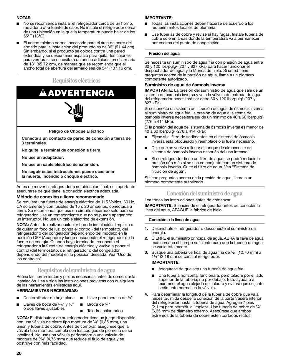 Advertencia, Requisitos eléctricos, Requisitos del suministro de agua | Conexión del suministro de agua | Amana W10237708A User Manual | Page 20 / 50