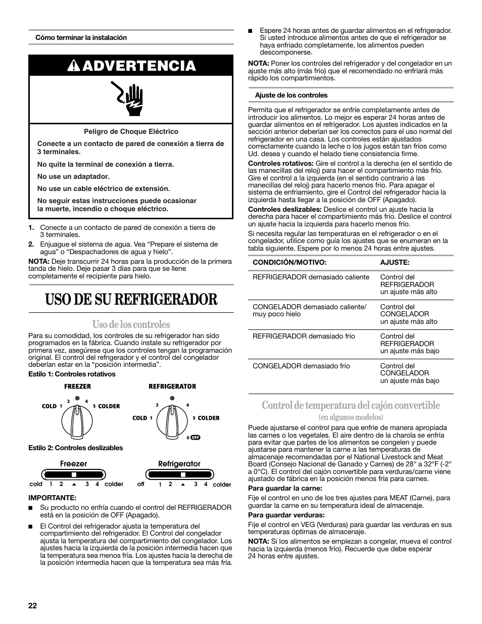 Uso de su refrigerador, Advertencia, Uso de los controles | Control de temperatura del cajón convertible | Amana W10237708A User Manual | Page 22 / 50
