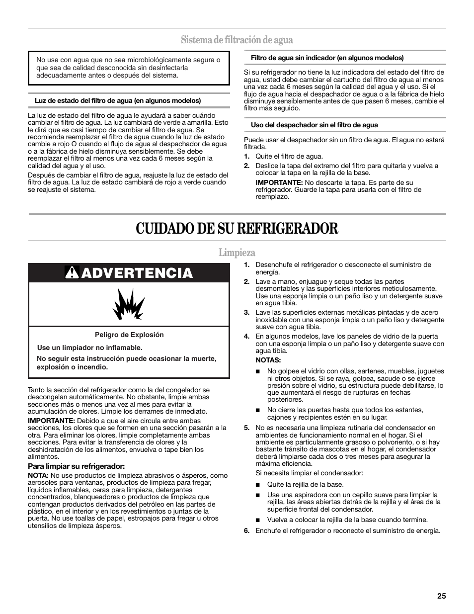 Cuidado de su refrigerador, Advertencia, Sistema de filtración de agua | Limpieza | Amana W10237708A User Manual | Page 25 / 50