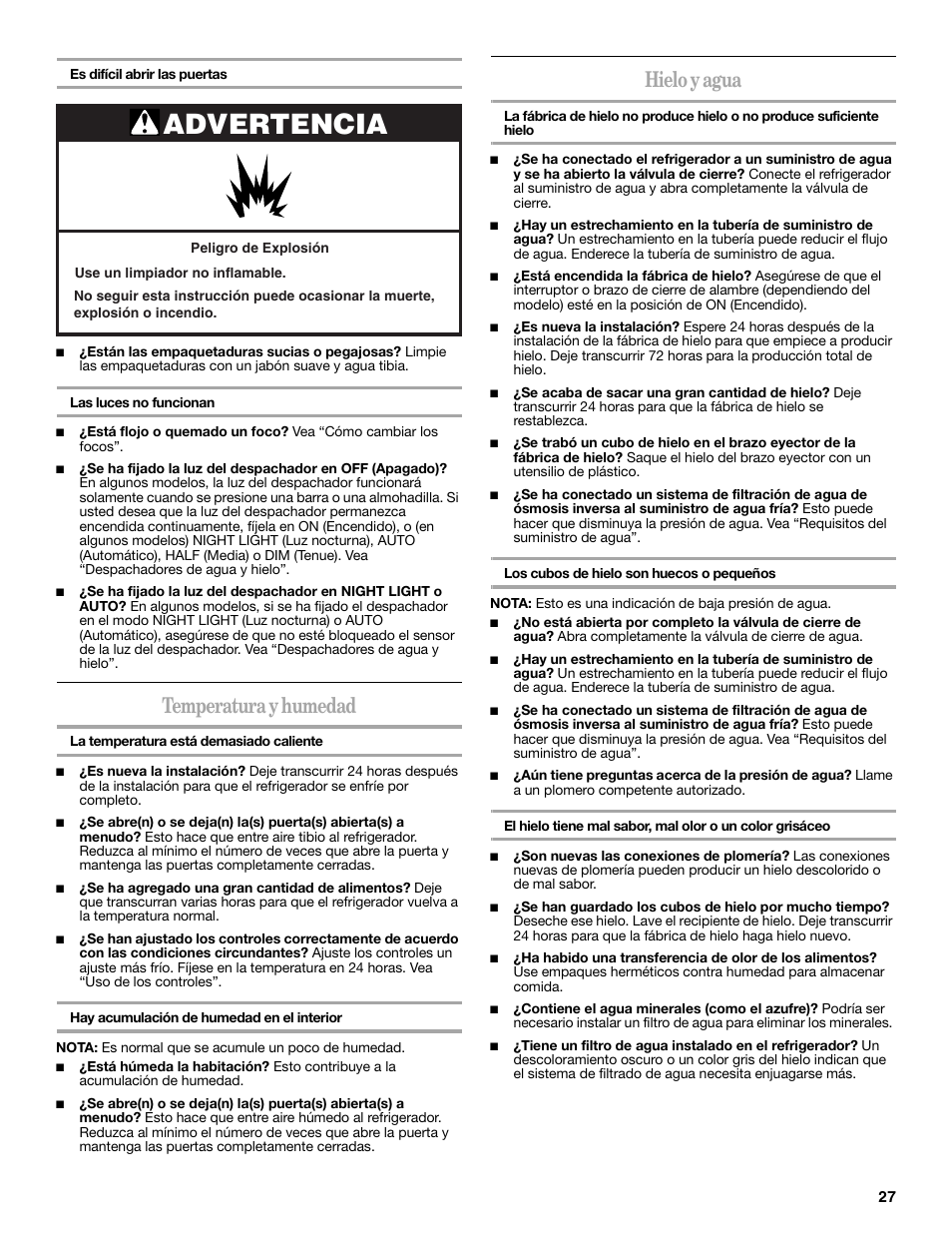 Advertencia, Temperatura y humedad, Hielo y agua | Amana W10237708A User Manual | Page 27 / 50