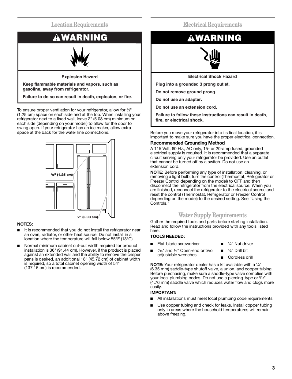 Warning, Location requirements, Electrical requirements | Water supply requirements | Amana W10237708A User Manual | Page 3 / 50