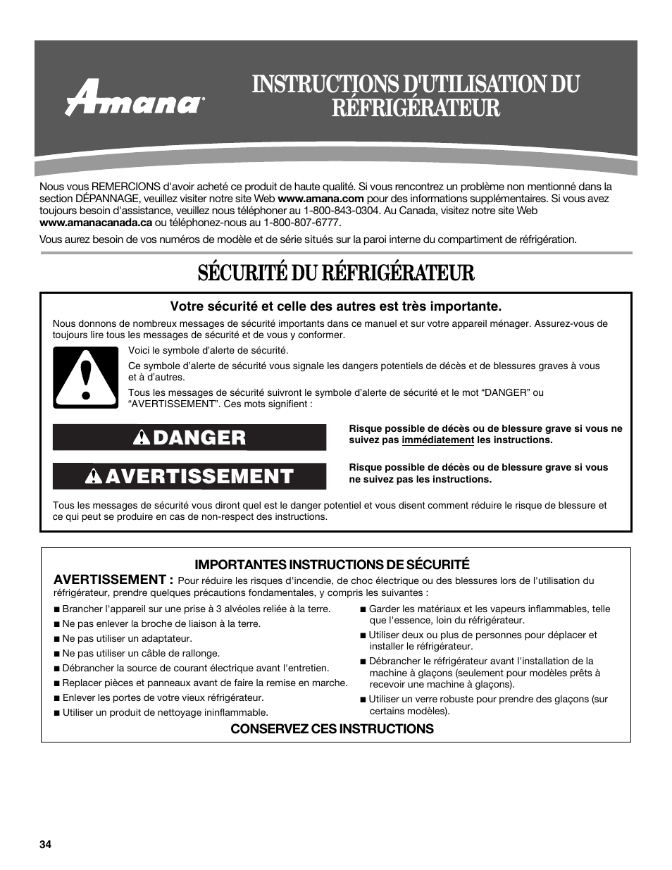 Instructions d'utilisation du réfrigérateur, Sécurité du réfrigérateur, Avertissement danger | Amana W10237708A User Manual | Page 34 / 50