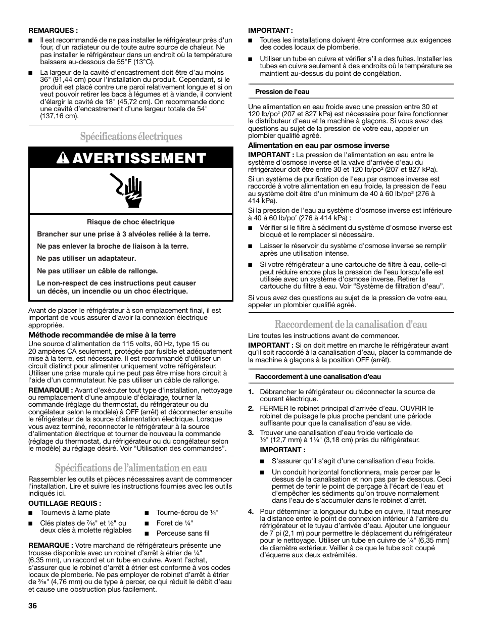 Avertissement, Spécifications électriques, Spécifications de l’alimentation en eau | Raccordement de la canalisation d'eau | Amana W10237708A User Manual | Page 36 / 50