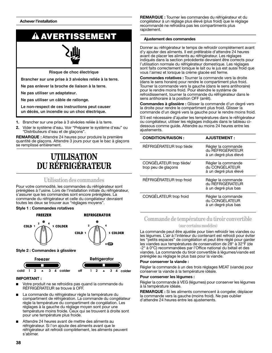 Utilisation du réfrigérateur, Avertissement, Utilisation des commandes | Commande de température du tiroir convertible | Amana W10237708A User Manual | Page 38 / 50