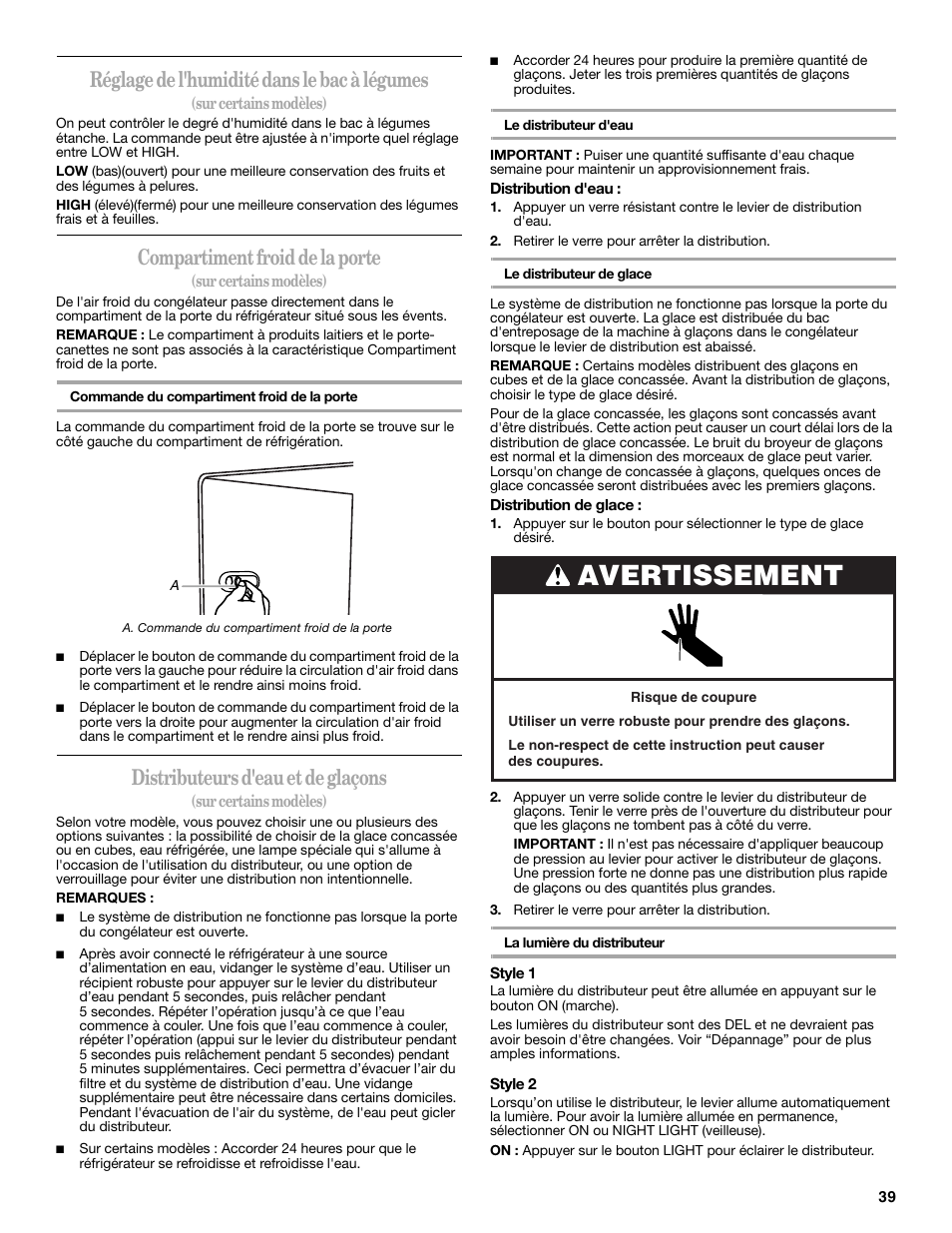 Avertissement, Réglage de l'humidité dans le bac à légumes, Compartiment froid de la porte | Distributeurs d'eau et de glaçons | Amana W10237708A User Manual | Page 39 / 50