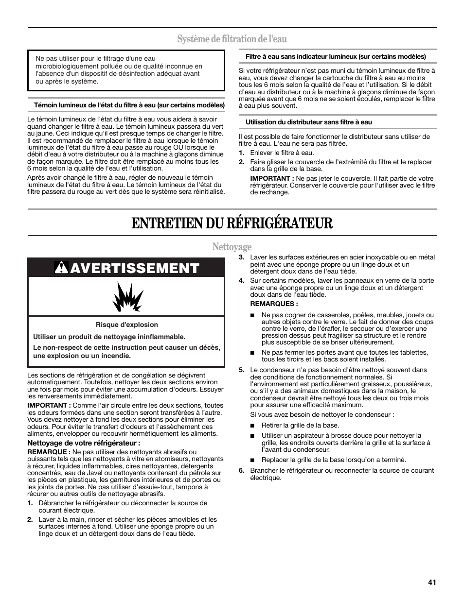 Entretien du réfrigérateur, Avertissement, Système de filtration de l'eau | Nettoyage | Amana W10237708A User Manual | Page 41 / 50
