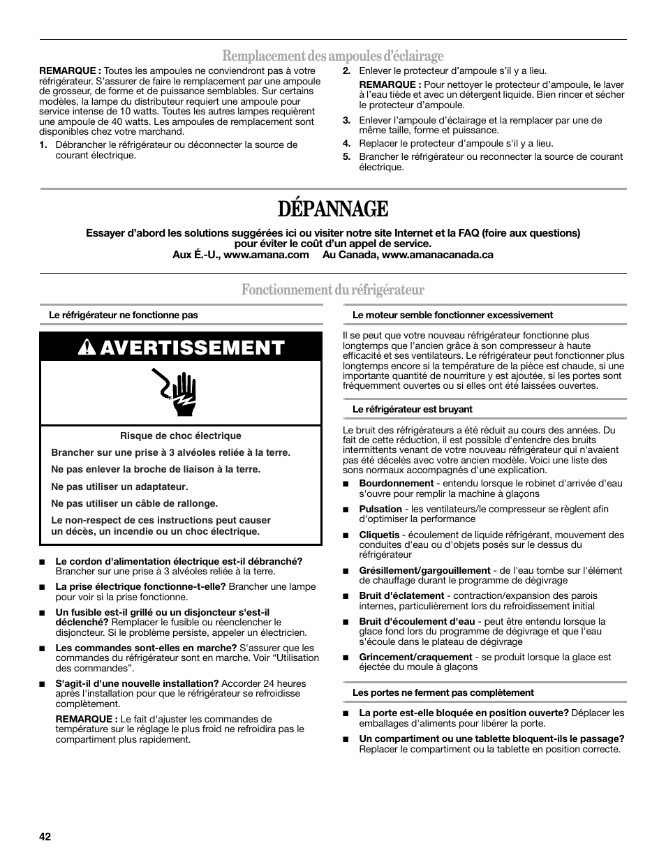 Dépannage, Avertissement, Remplacement des ampoules d’éclairage | Fonctionnement du réfrigérateur | Amana W10237708A User Manual | Page 42 / 50
