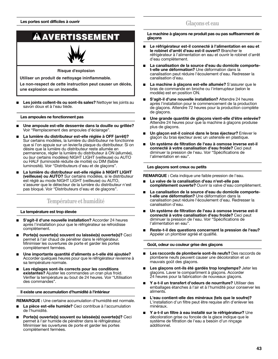 Avertissement, Température et humidité, Glaçons et eau | Amana W10237708A User Manual | Page 43 / 50