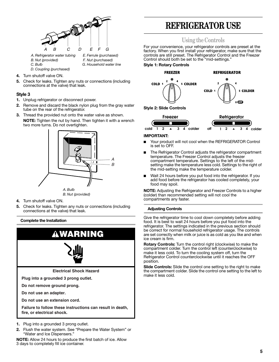 Refrigerator use, Warning, Using the controls | Amana W10237708A User Manual | Page 5 / 50