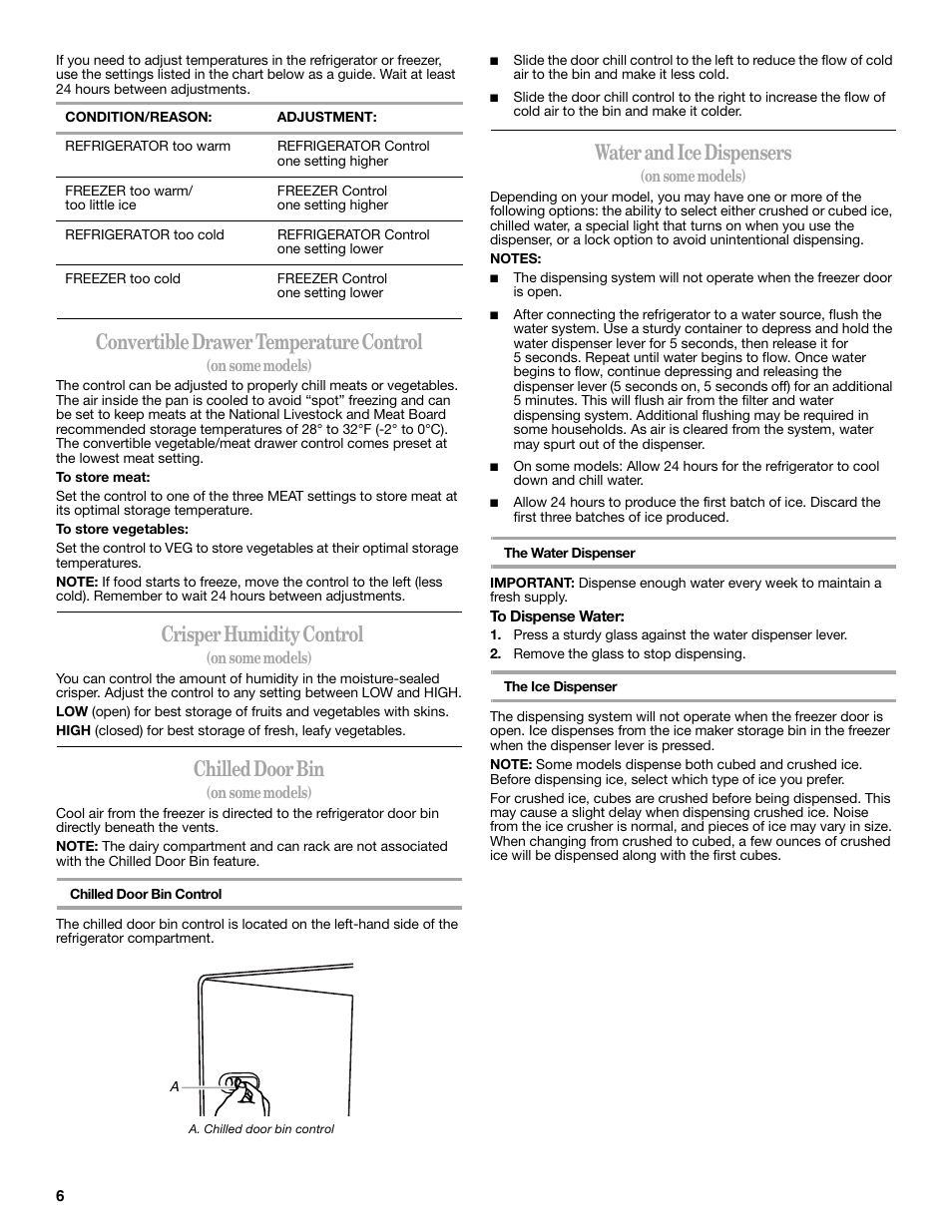 Convertible drawer temperature control, Crisper humidity control, Chilled door bin | Water and ice dispensers | Amana W10237708A User Manual | Page 6 / 50