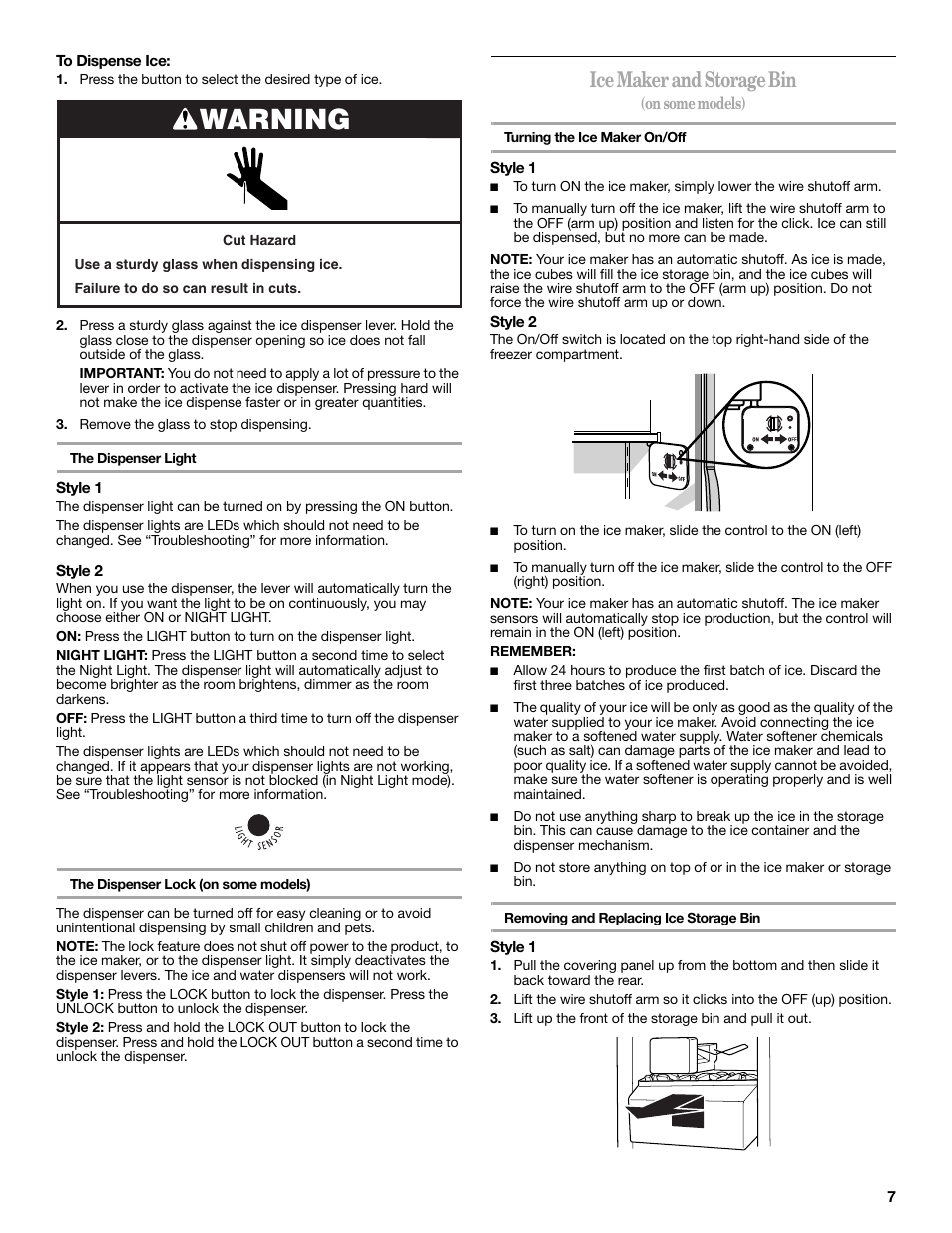 Warning, Ice maker and storage bin | Amana W10237708A User Manual | Page 7 / 50