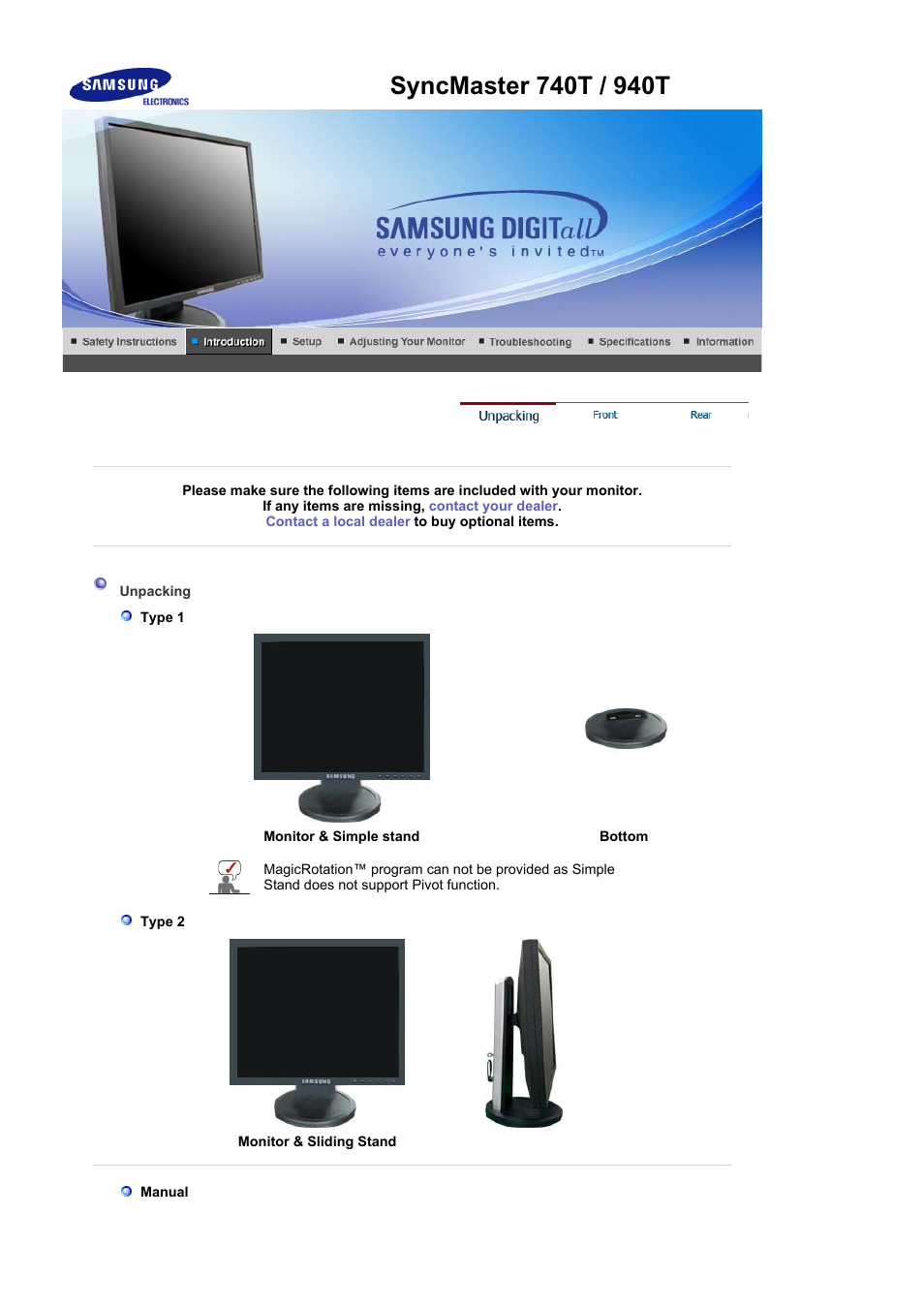 Syncmaster 740t / 940t / 940be, Unpacking | Samsung LS19HABBBY-XAA User Manual | Page 20 / 160