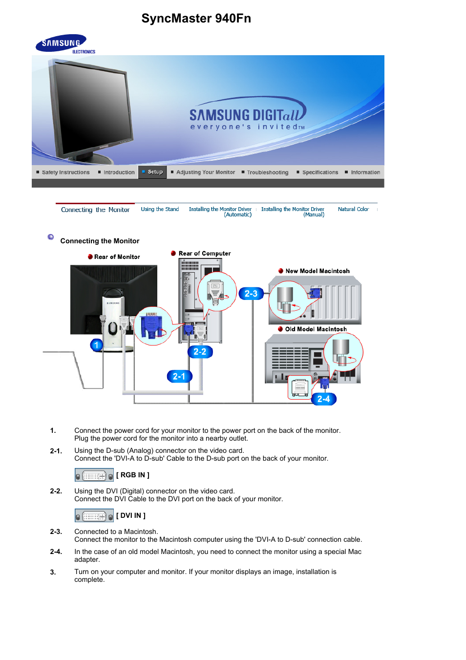 Connecting the monitor, Using the stand, Syncmaster 940fn | Samsung LS19HABBBY-XAA User Manual | Page 42 / 160