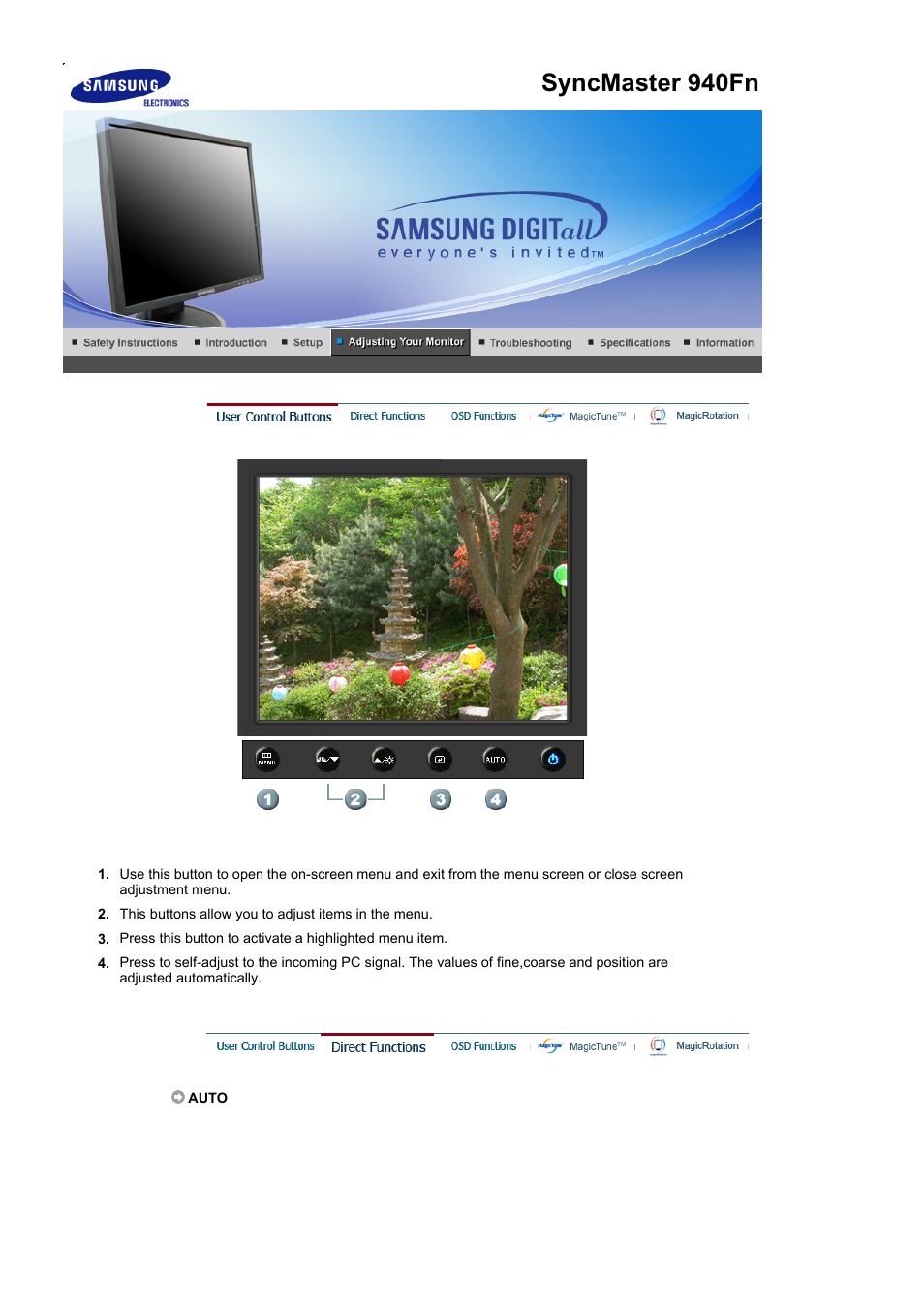 Syncmaster 940fn, User control buttons, Direct functions | Samsung LS19HABBBY-XAA User Manual | Page 69 / 160