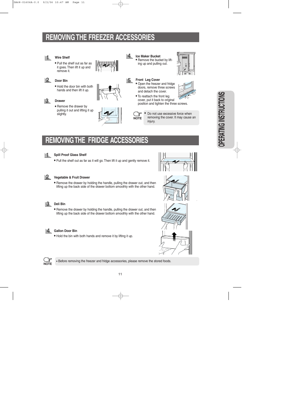 Removing the freezer accessories, Removing the fridge accessories, Opera ting instr uctions | Samsung RS2530BWP-XAA User Manual | Page 11 / 32