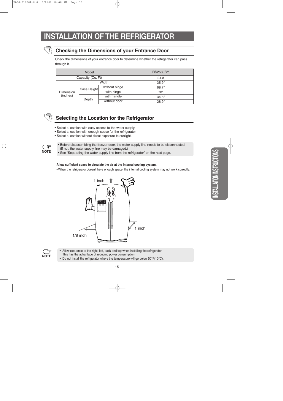 Installation of the refrigerator, Inst alla tion instr uctions | Samsung RS2530BWP-XAA User Manual | Page 15 / 32