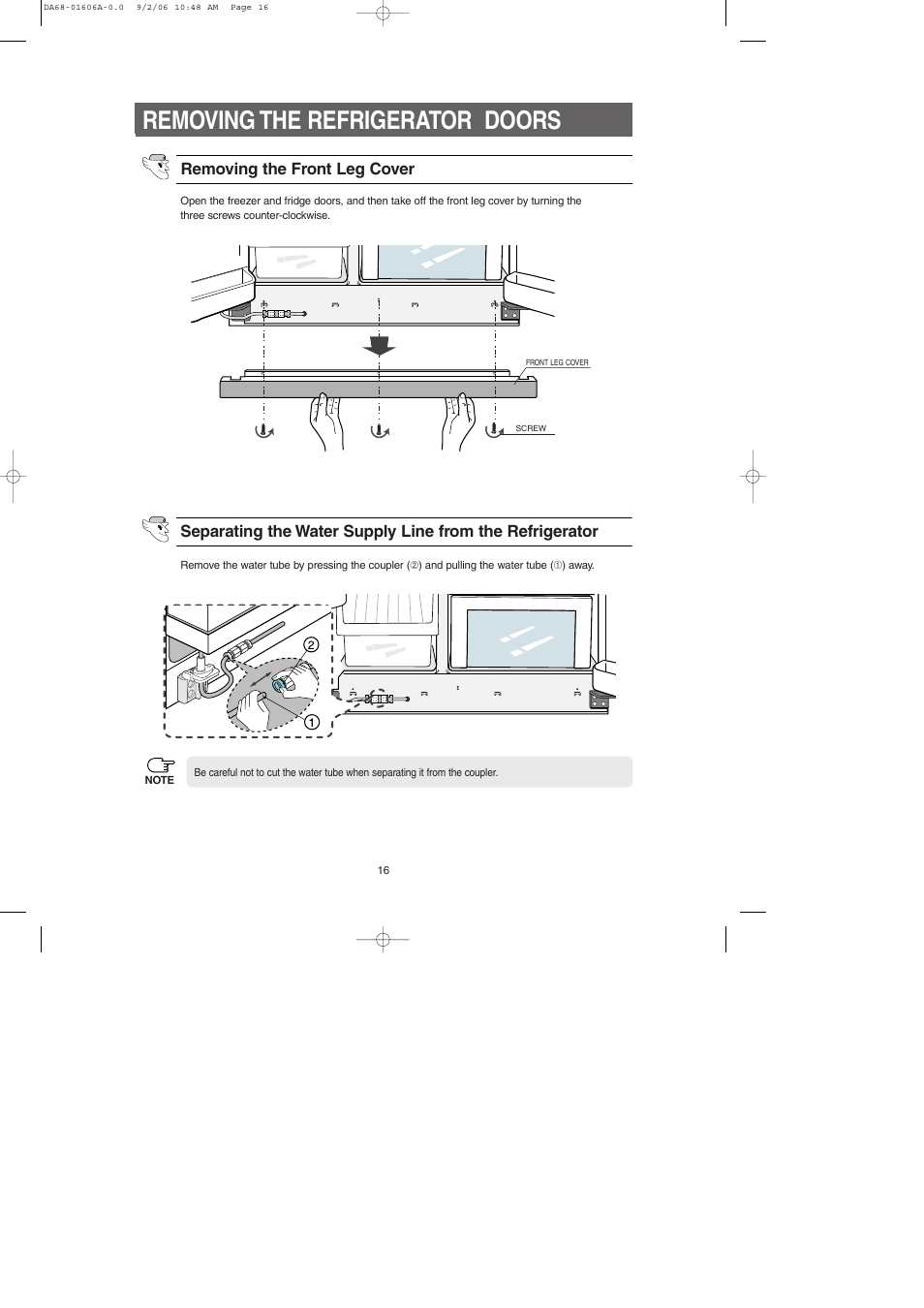 Removing the refrigerator doors | Samsung RS2530BWP-XAA User Manual | Page 16 / 32