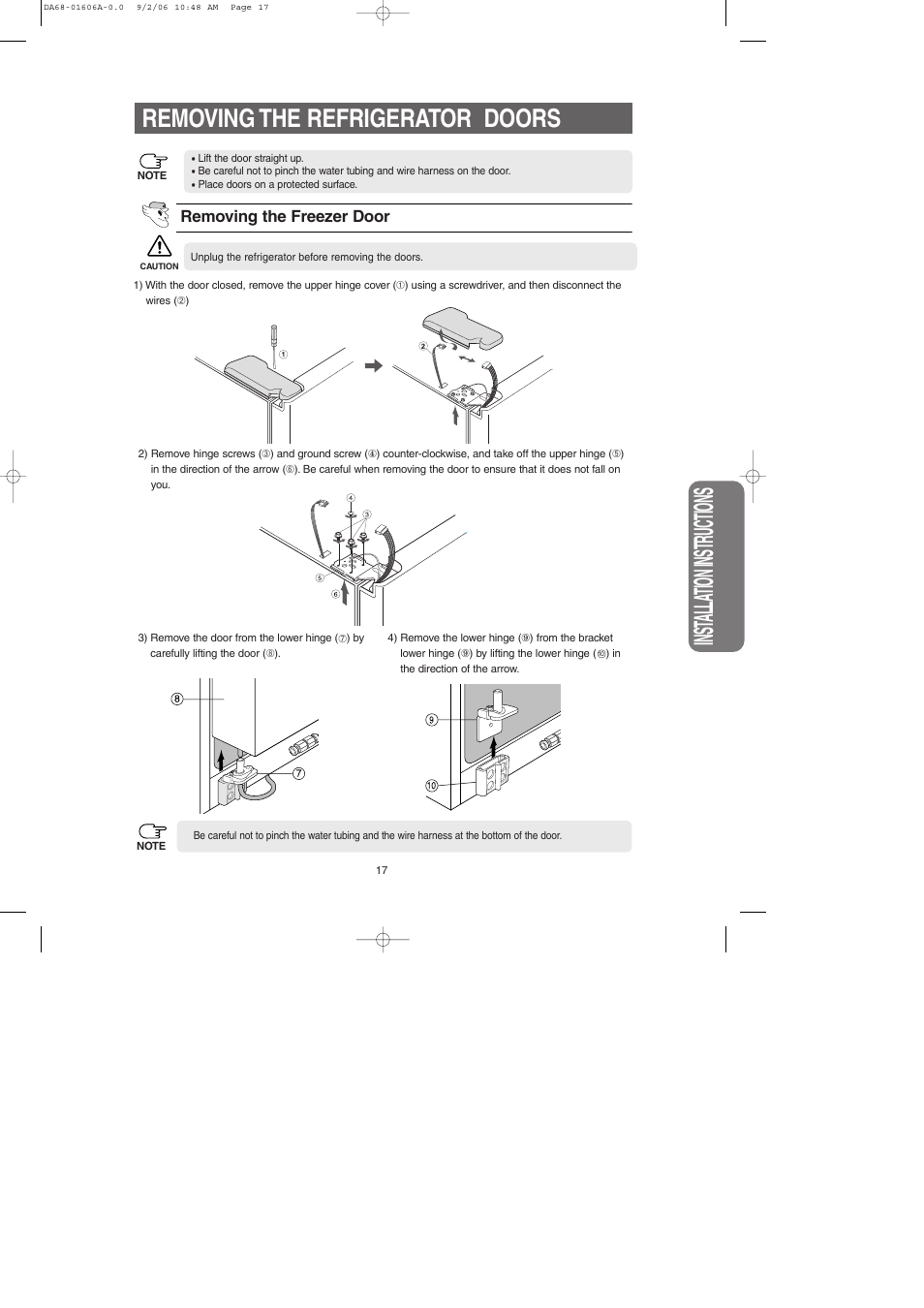 Inst alla tion instr uctions, Removing the refrigerator doors | Samsung RS2530BWP-XAA User Manual | Page 17 / 32