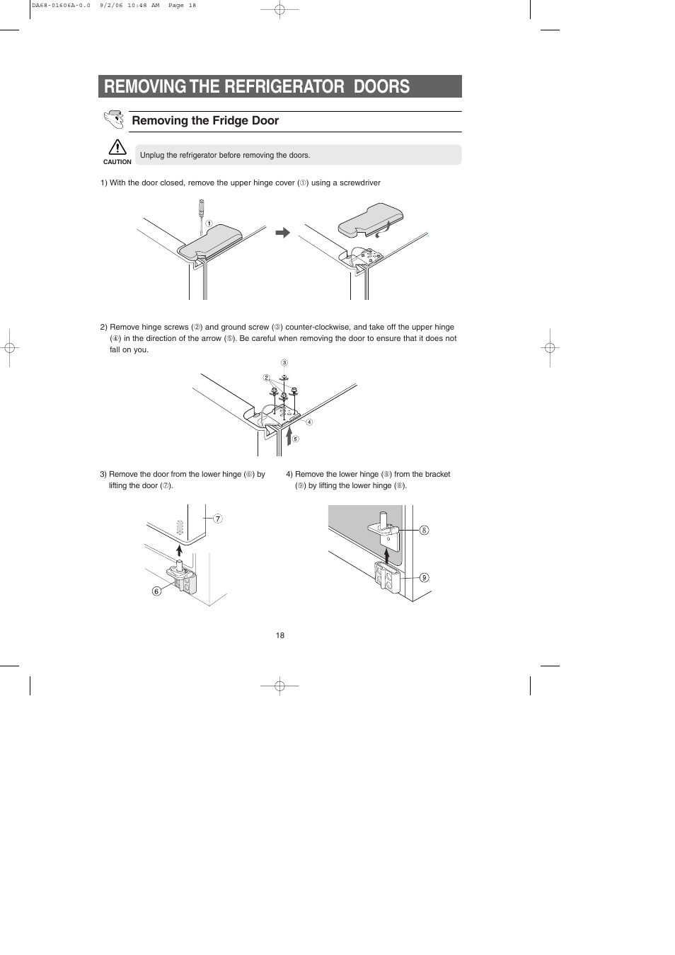 Removing the refrigerator doors, Removing the fridge door | Samsung RS2530BWP-XAA User Manual | Page 18 / 32