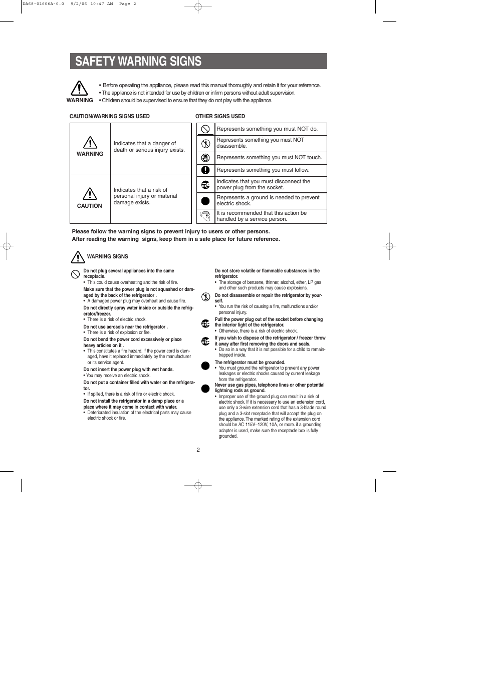 Safety warning signs | Samsung RS2530BWP-XAA User Manual | Page 2 / 32