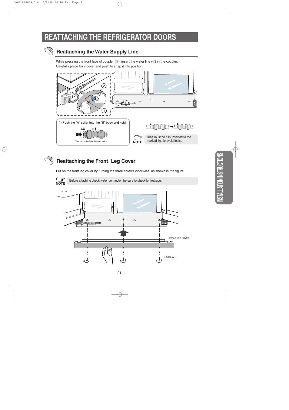 Inst alla tion instr uctions, Reattaching the refrigerator doors | Samsung RS2530BWP-XAA User Manual | Page 21 / 32