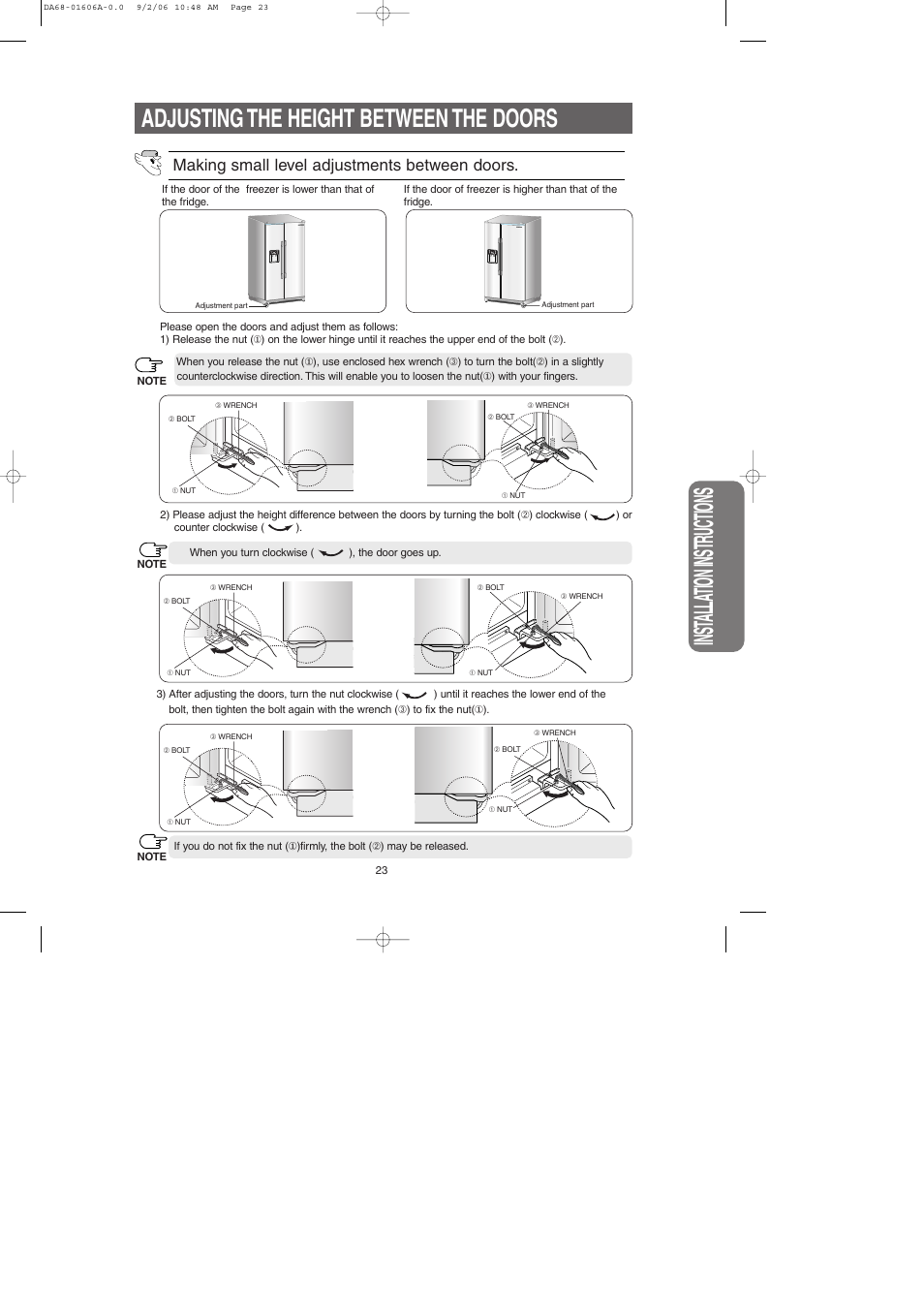 Adjusting the height between the doors, Inst alla tion instr uctions, Making small level adjustments between doors | Samsung RS2530BWP-XAA User Manual | Page 23 / 32