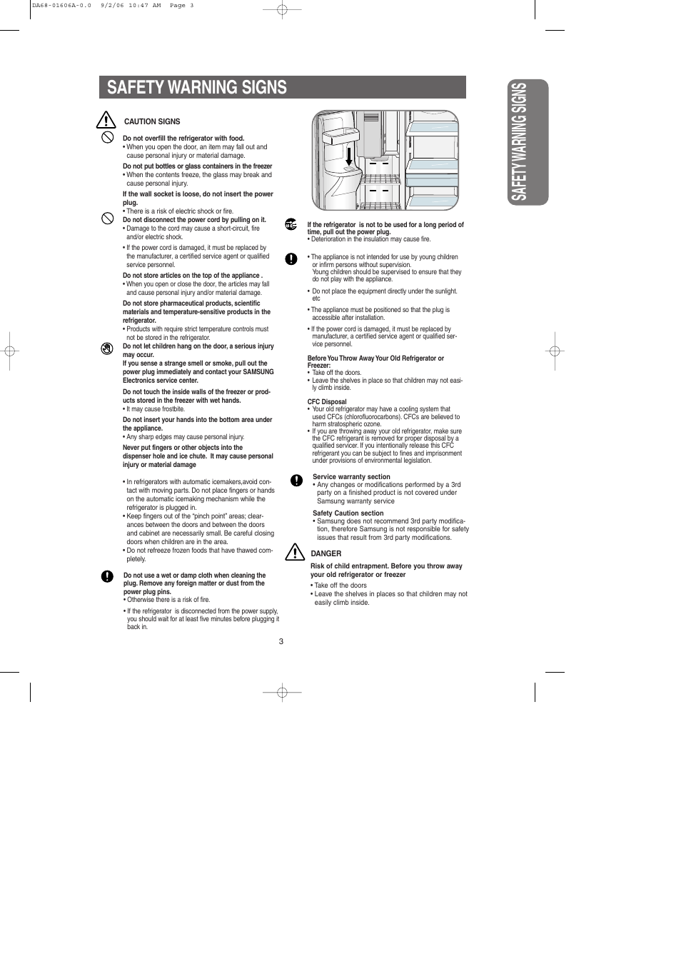 Safety w arning signs, Safety warning signs | Samsung RS2530BWP-XAA User Manual | Page 3 / 32